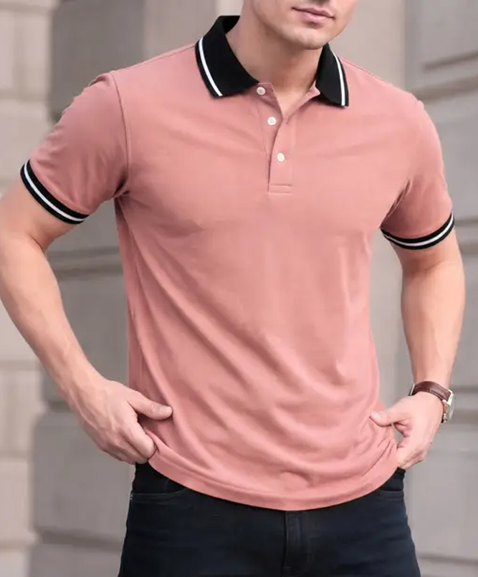 Men Solid Polo Neck Cotton Blend Pink T-Shirt With Multi Color